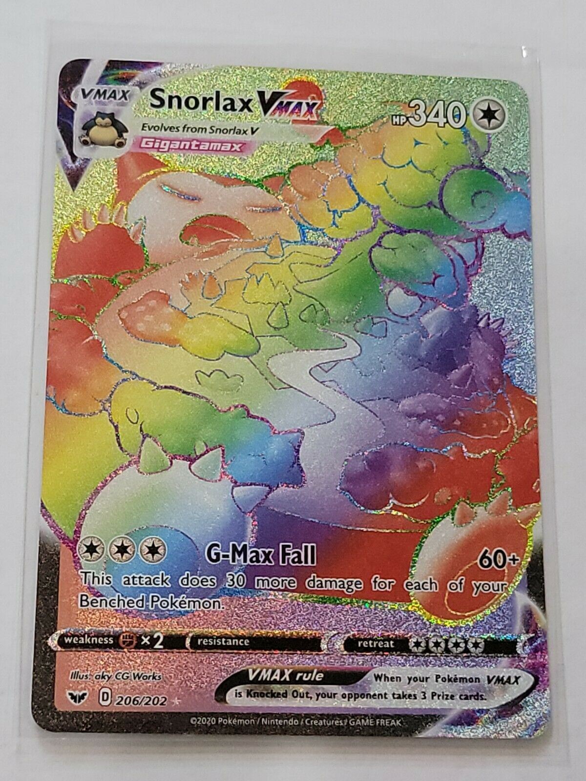 Snorlax V-Max Holographic Pokemon Card - Rainbow RARE 206/202 Snorlax V-Max Holographic Pokemon Card - Rainbow RARE 206/202