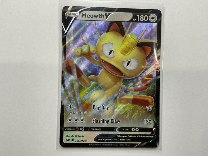 Pokemon Meowth V Card SWSH004 Black Star Promo Holo Foil Ultra Rare Sword Shield - Awesome Deals Deluxe